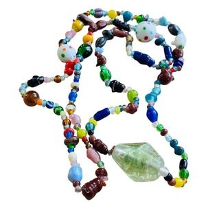VTG BOHO Necklace Colorful Poured Art Glass Beads Long Strand Statement 47.5"